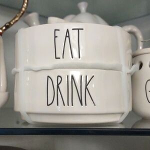 NEW Rae Dunn Set of 2 EAT& DRINK Stackable Bowls For Cat /Dog